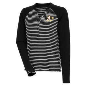 Women's Antigua  Black/White Oakland Athletics Maverick Henley Long Sleeve T-Shirt