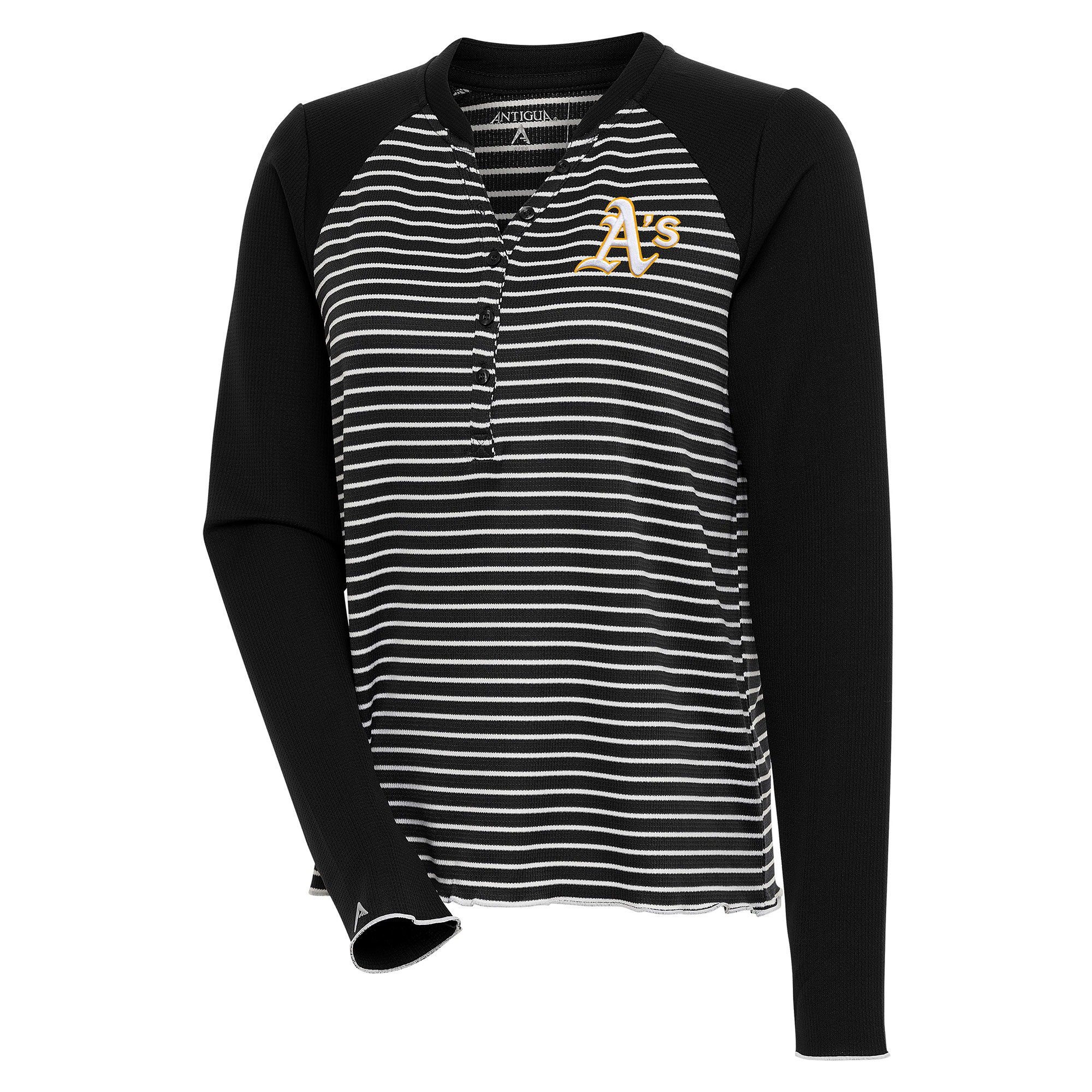 Women's Antigua Black/White Oakland Athletics Maverick Henley Long Sleeve T-Shirt
