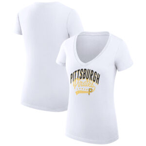 Women's G-III 4Her by Carl Banks  White Pittsburgh Pirates Filigree Team V-Neck Fitted T-Shirt