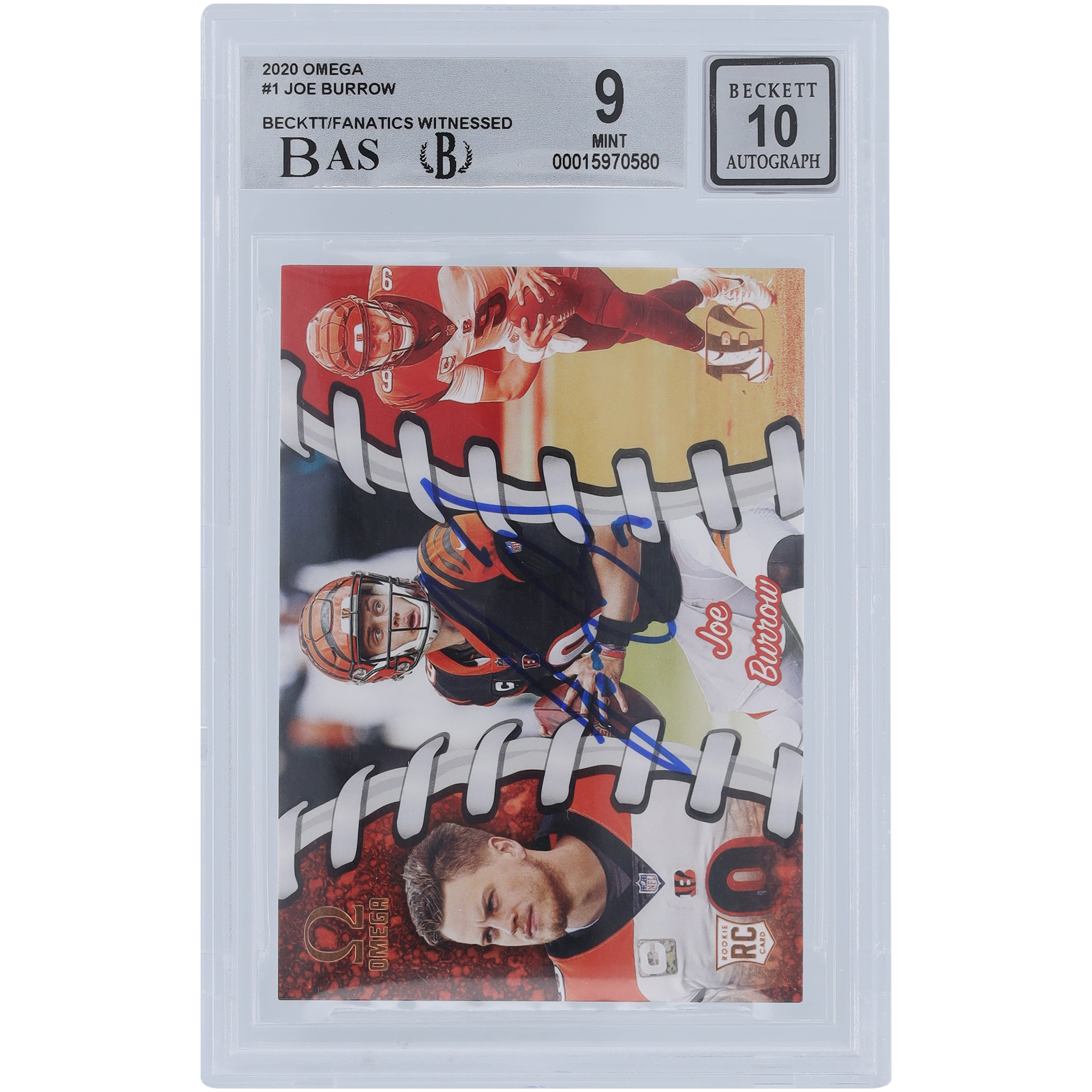Joe Burrow Cincinnati Bengals Autographed 2020 Panini Chronicles Omega #0-1 Beckett Fanatics Witnessed Authenticated 9/10 Rookie Card - 9.5,9,8.5,9.5 Subgrades - Image 2