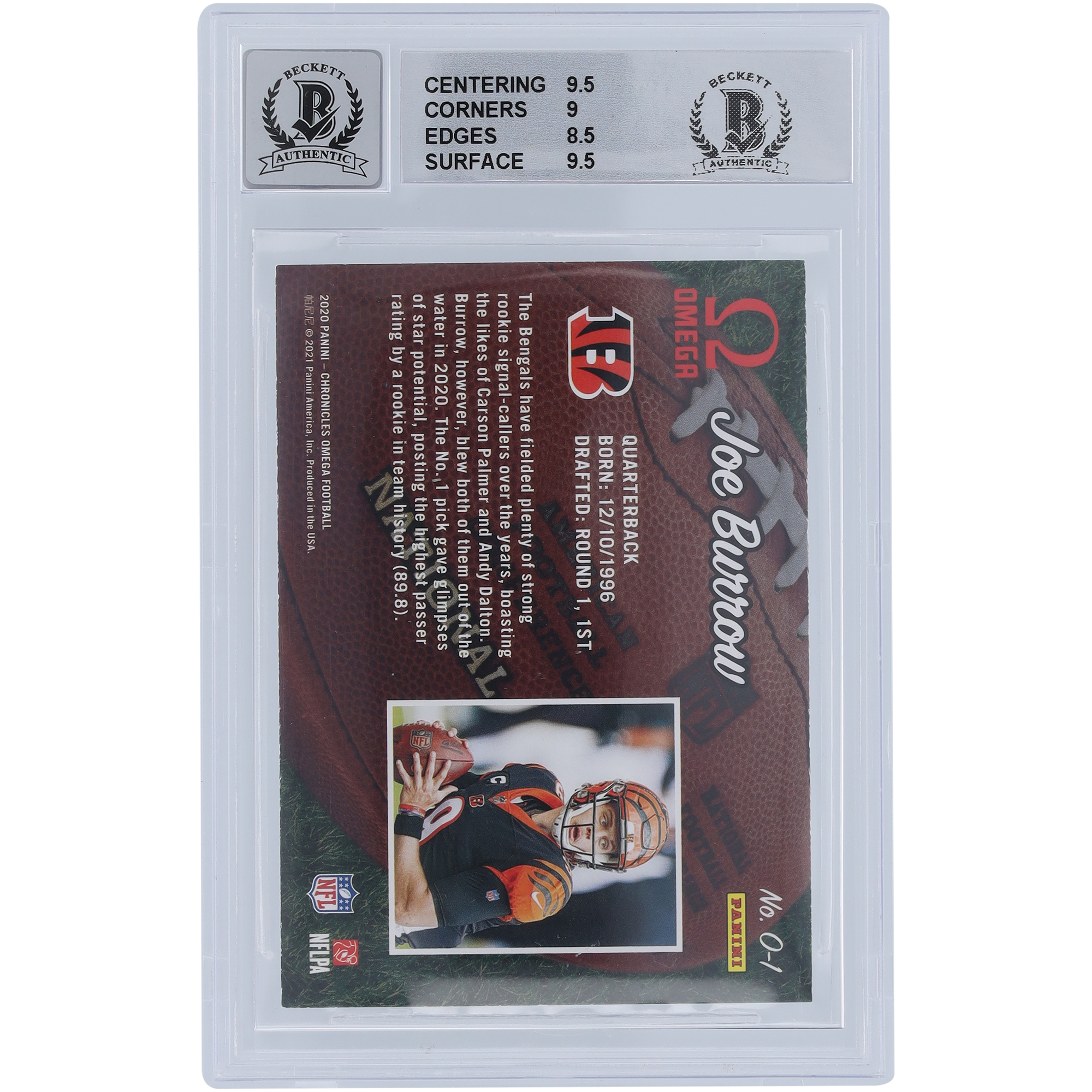 Joe Burrow Cincinnati Bengals Autographed 2020 Panini Chronicles Omega #0-1 Beckett Fanatics Witnessed Authenticated 9/10 Rookie Card - 9.5,9,8.5,9.5 Subgrades - Image 3