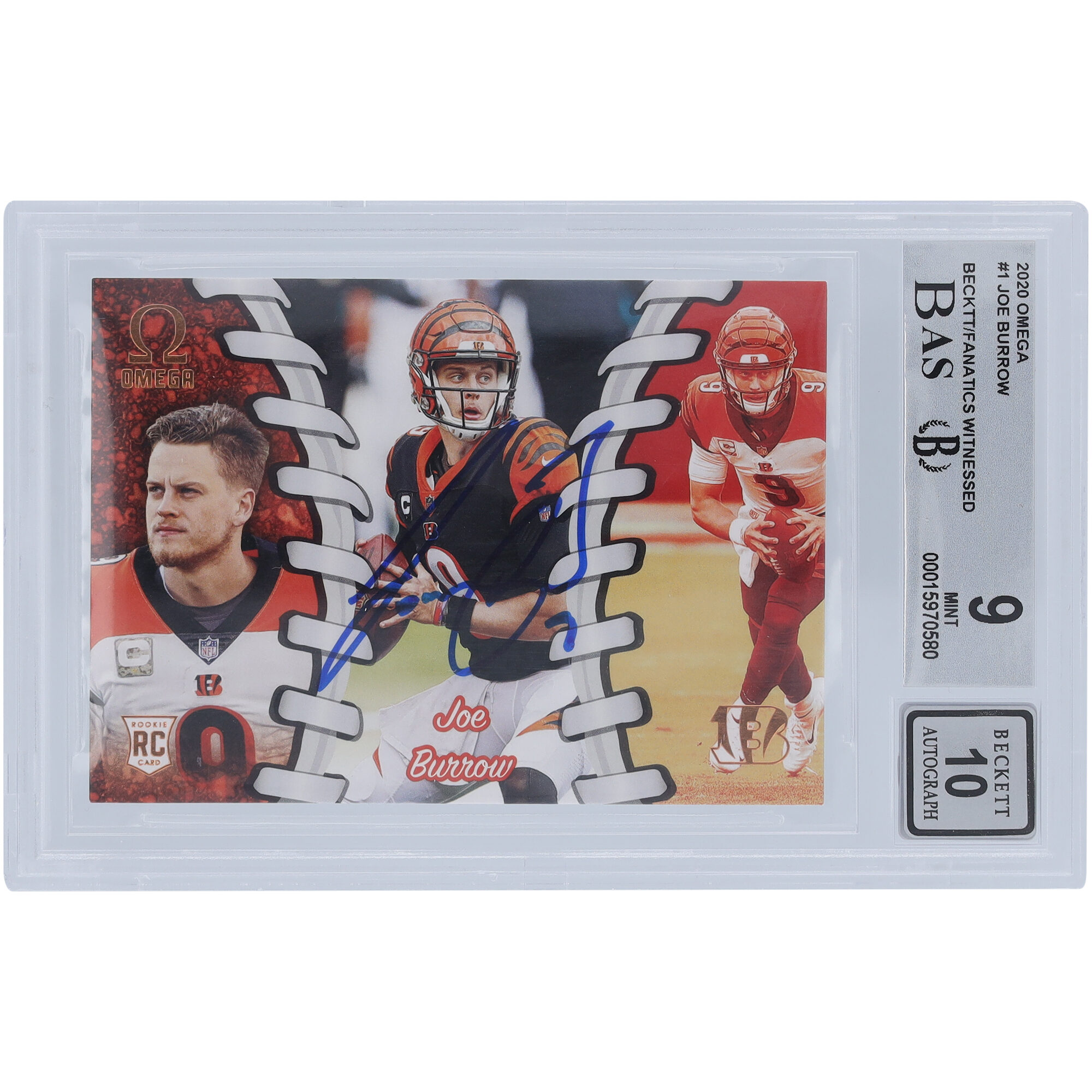 Joe Burrow Cincinnati Bengals Autographed 2020 Panini Chronicles Omega #0-1 Beckett Fanatics Witnessed Authenticated 9/10 Rookie Card - 9.5,9,8.5,9.5 Subgrades - Image 7