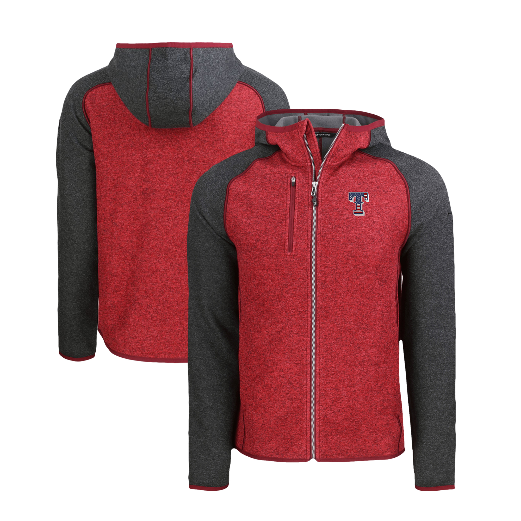 Men's Cutter & Buck Heather Red/Heather Charcoal Texas Rangers Stars & Stripes Mainsail Sweater-Knit Full-Zip Hoodie