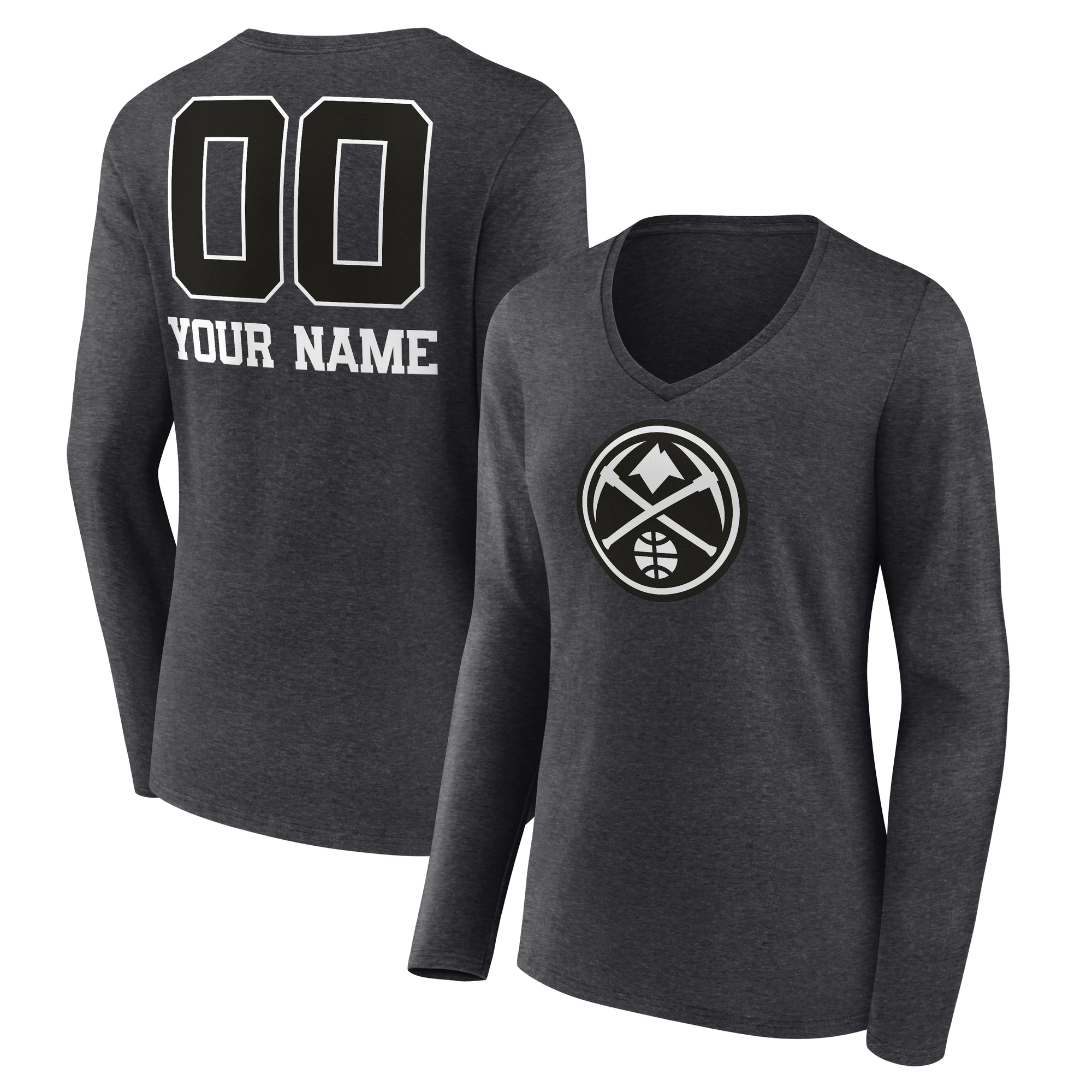 Women's Charcoal Denver Nuggets Personalized Name & Number Monochrome Long Sleeve V-Neck T-Shirt