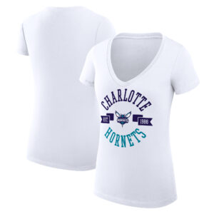 Women's G-III 4Her by Carl Banks White Charlotte Hornets Large City Logo Fitted V-Neck T-Shirt