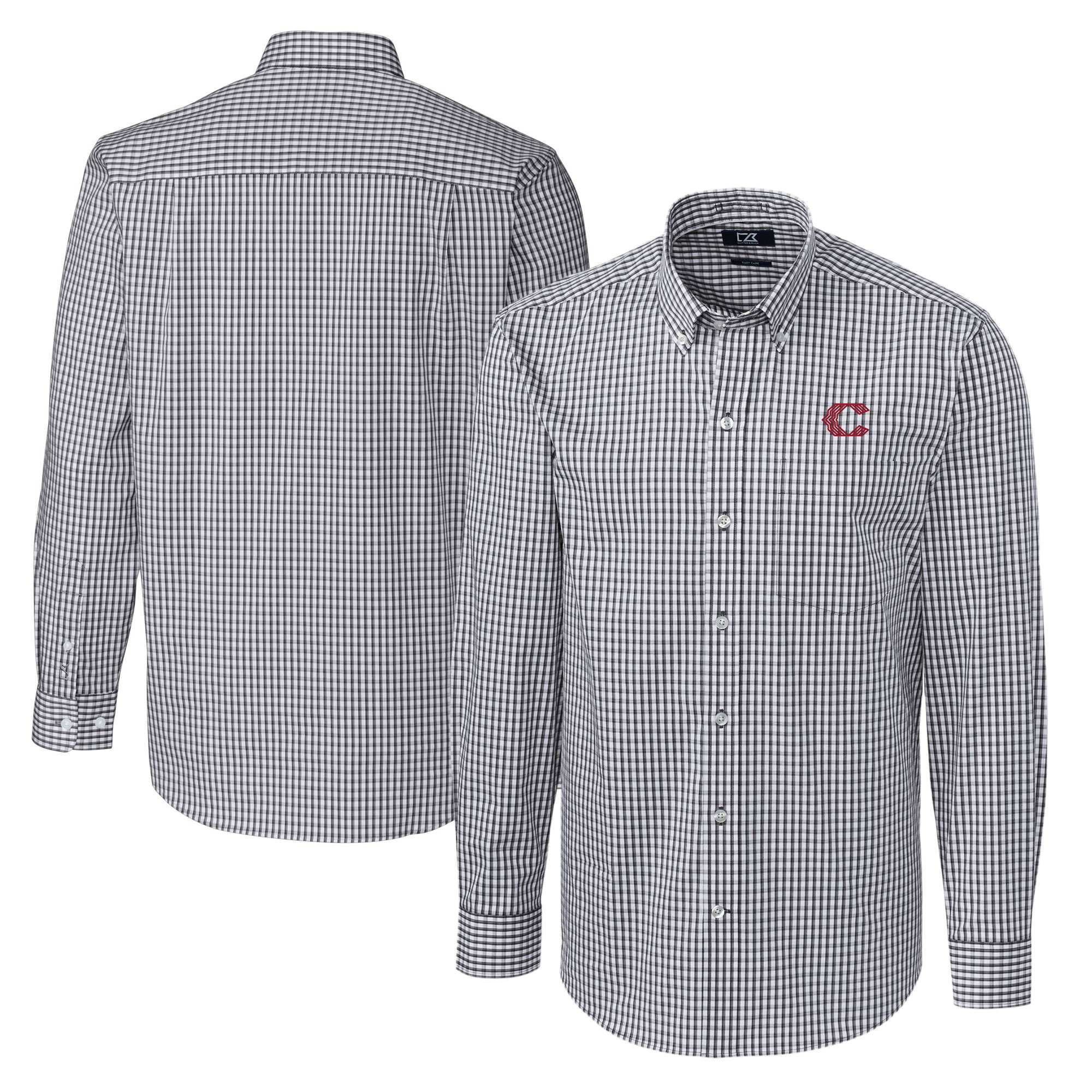 Men's Cutter & Buck Charcoal Cincinnati Reds City Connect Easy Care Stretch Gingham Long Sleeve Dress Shirt