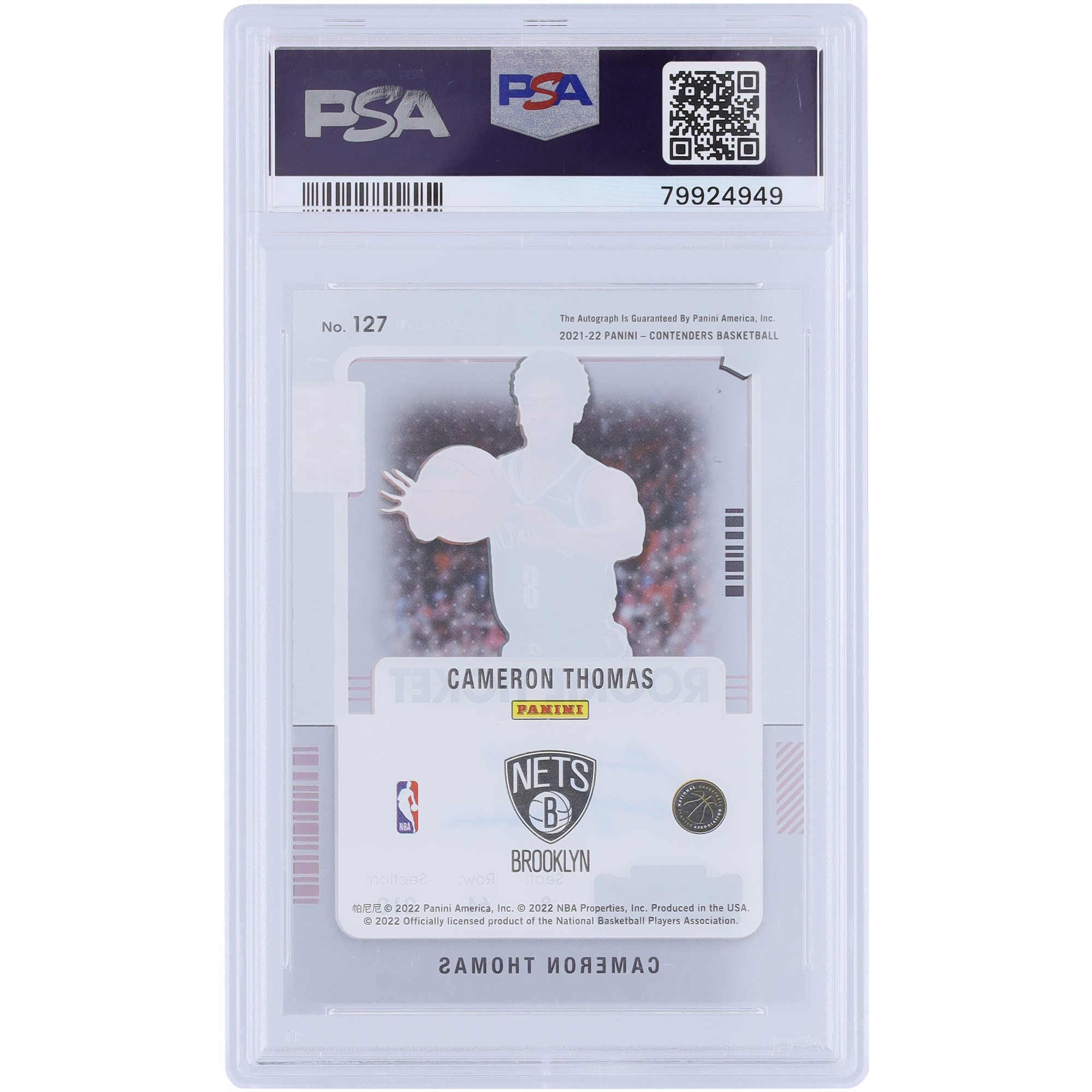 Cameron Thomas Brooklyn Nets Autographed 2021-22 Panini Contenders Clear #127 PSA Authenticated 9 Rookie Card - Image 3