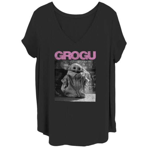 Women's Mad Engine Grogu Black The Mandalorian Wall Pose Graphic Plus Size V-Neck T-Shirt