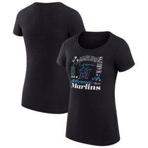 Women's G-III 4Her by Carl Banks Black Miami Marlins Collage Team Graphic Crew Neck Fitted T-Shirt