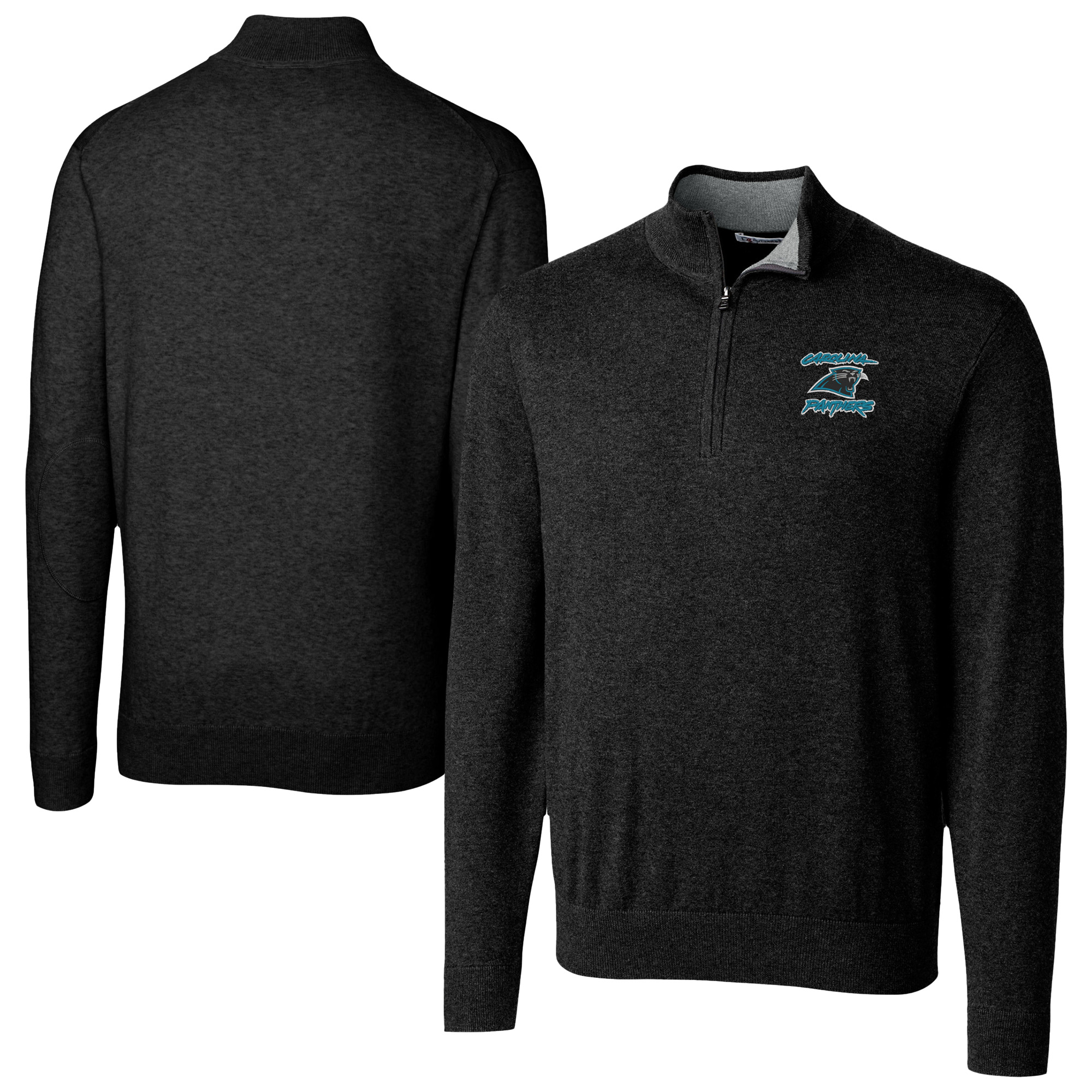 Men's Cutter & Buck Black Carolina Panthers Lakemont Tri-Blend Quarter-Zip Pullover Sweater