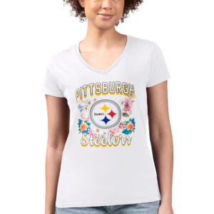 Women's G-III 4Her by Carl Banks White Pittsburgh Steelers Flowers Team Logo Graphic Fitted V-Neck T-Shirt