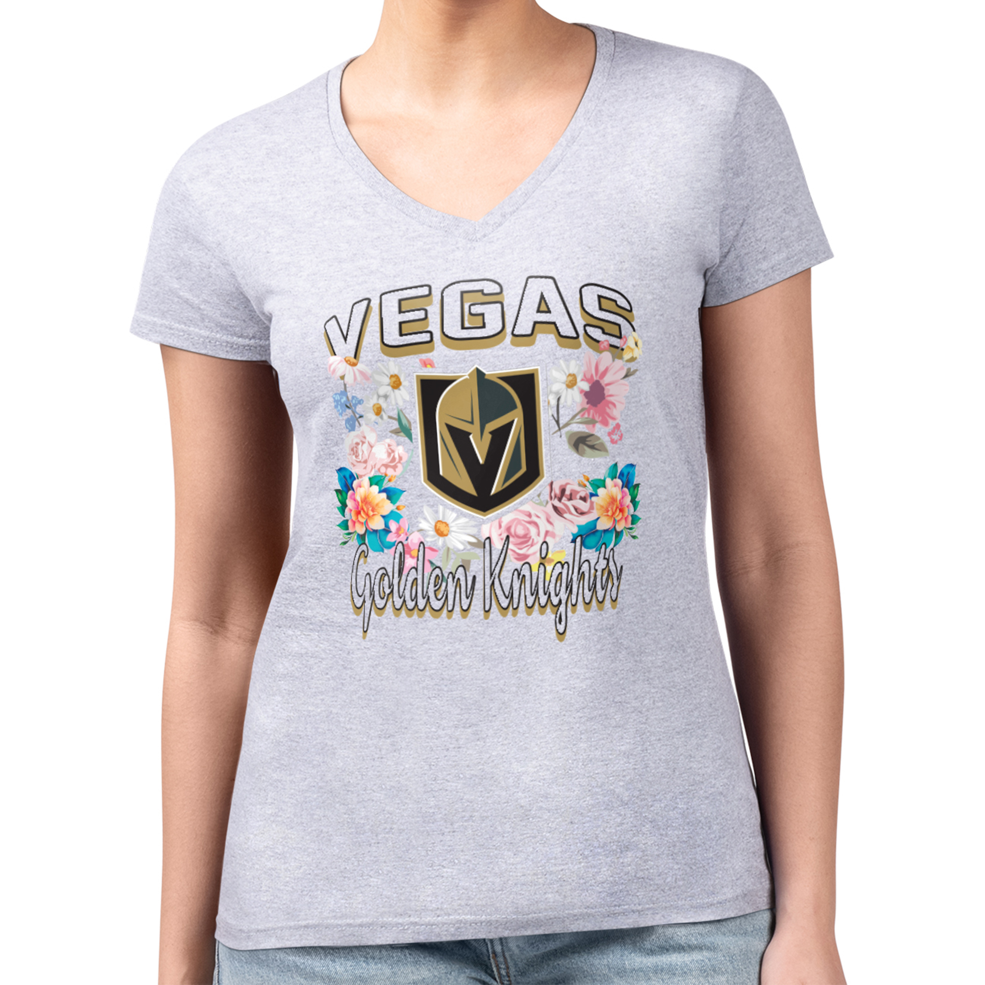 Women's G-III 4Her by Carl Banks Heather Gray Vegas Golden Knights Flower Logo Fitted V-Neck T-Shirt