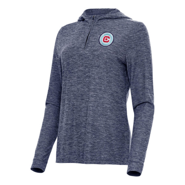 Women's Antigua Heather Navy Chicago Fire Daybreak Quarter-Zip Hoodie