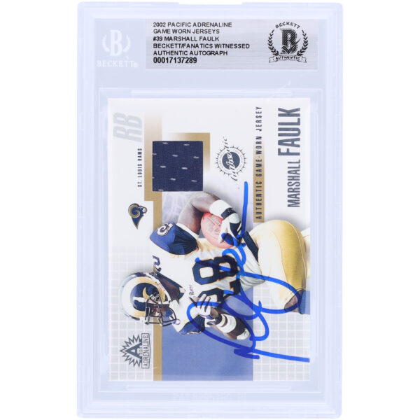 Marshall Faulk St. Louis Rams Autographed 2002 Pacific Adrenaline Game Worn Relic #39 Beckett Fanatics Witnessed Authenticated Card