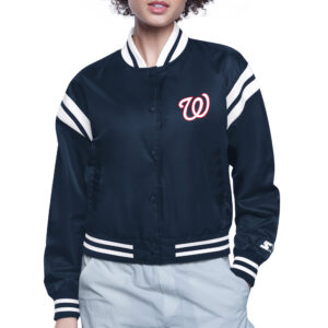 Women's Starter  Navy Washington Nationals Printed Logo Cropped Satin Varsity Full-Snap Jacket