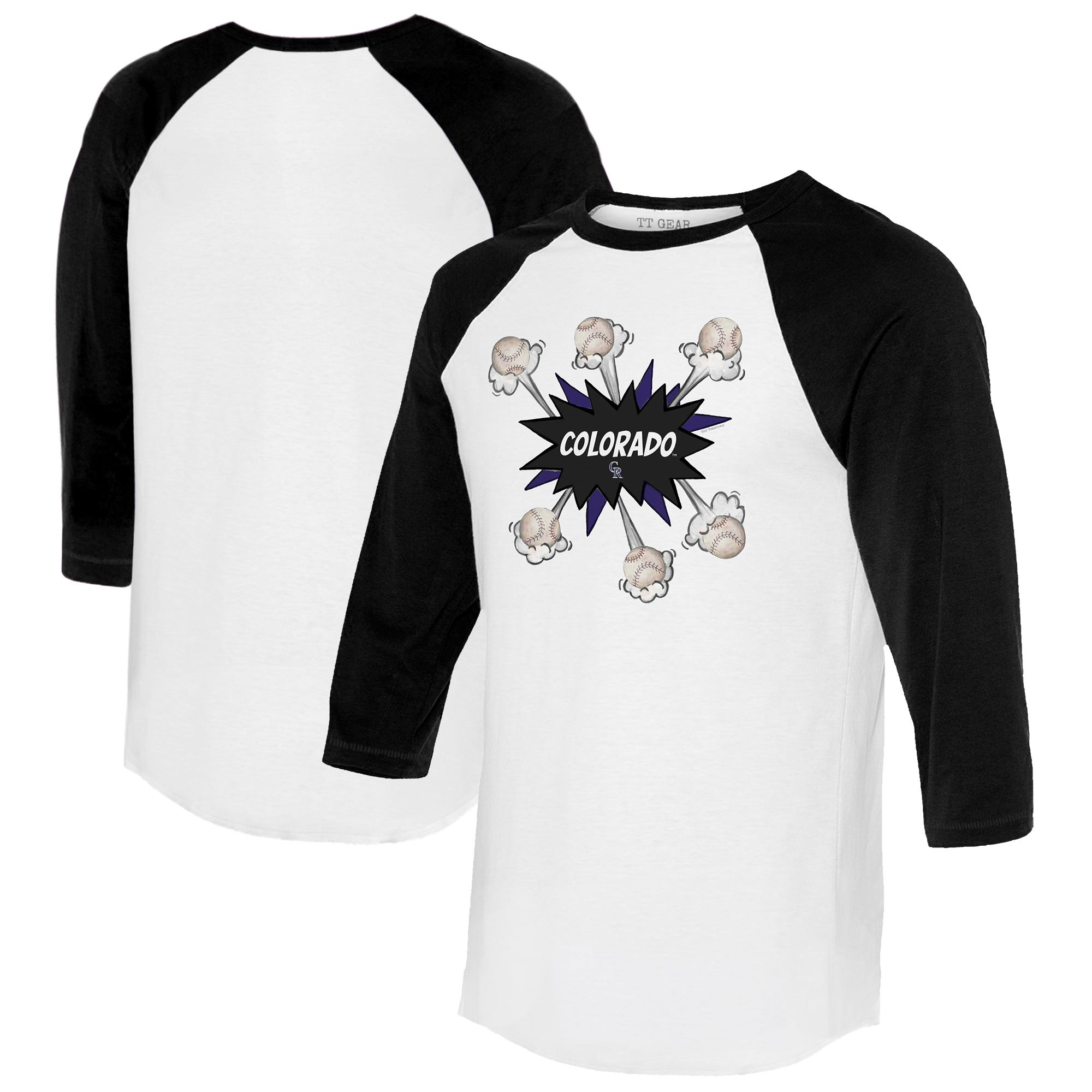 Women's Tiny Turnip White/Black Colorado Rockies Baseball Pow 3/4-Sleeve Raglan T-Shirt