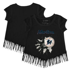 Girls Toddler Tiny Turnip Black Miami Marlins Baseball Tear Fringe T-Shirt