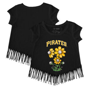 Girls Youth Tiny Turnip Black Pittsburgh Pirates Blooming Baseballs Fringe T-Shirt