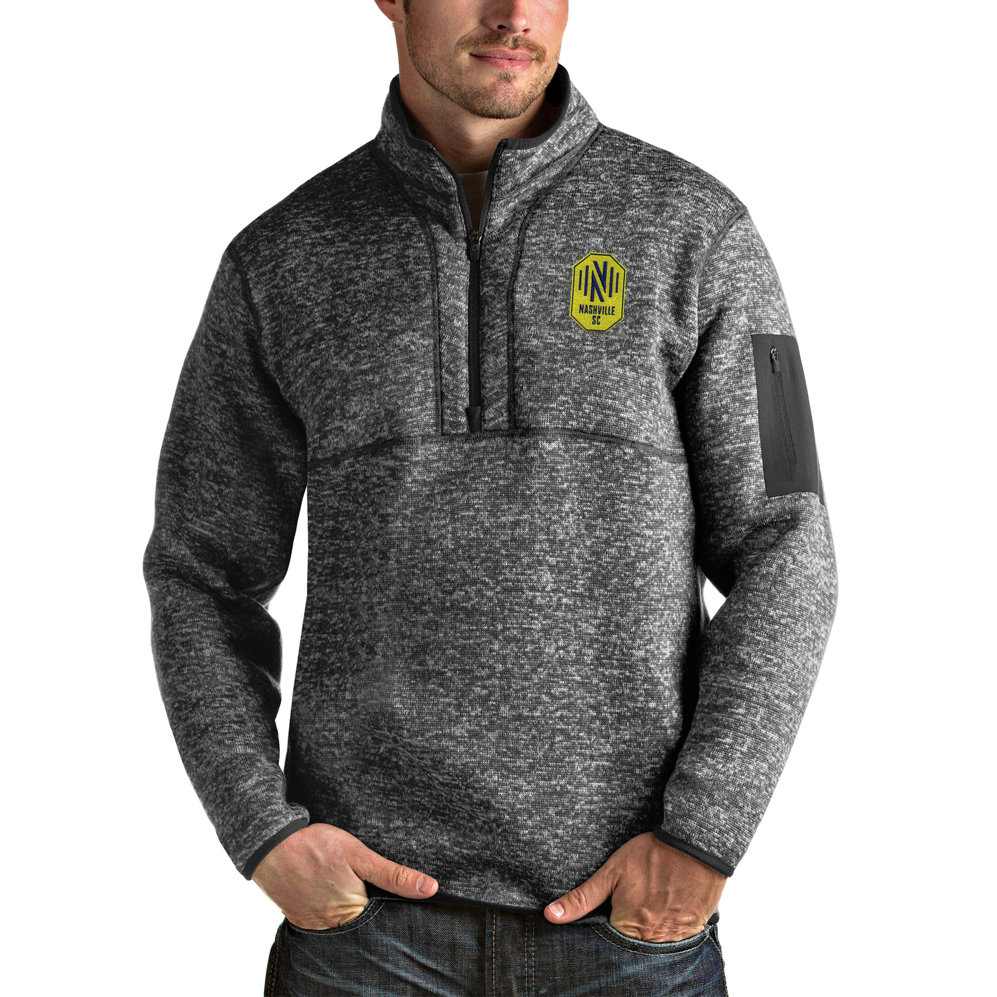 Men's Antigua Heather Gray Nashville SC Fortune Quarter-Zip Pullover Jacket