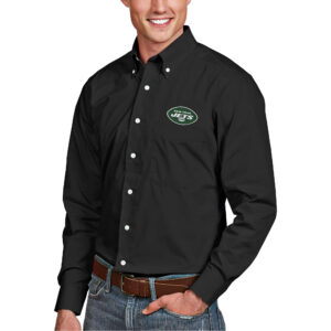 Men's Antigua Black New York Jets Dynasty Woven Long Sleeve Button-Down Logo Shirt