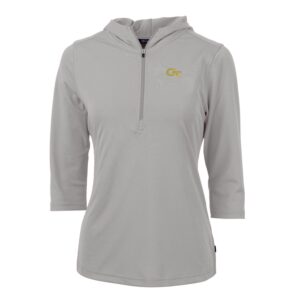 Women's Cutter & Buck Silver Georgia Tech Yellow Jackets Virtue Eco Pique Half-Zip 3/4 Sleeve Pullover Hoodie