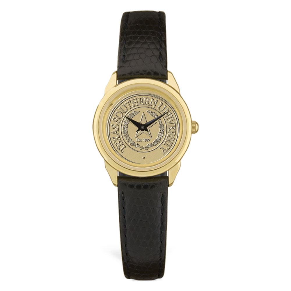 Women's Gold Texas Southern Tigers Medallion Black Leather Wristwatch