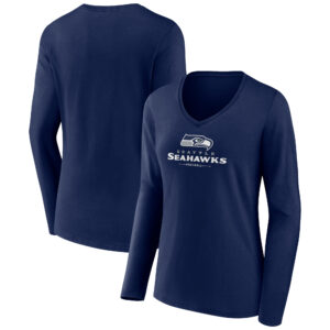 Women's College Navy Seattle Seahawks Logo Team Lockup Long Sleeve V-Neck T-Shirt