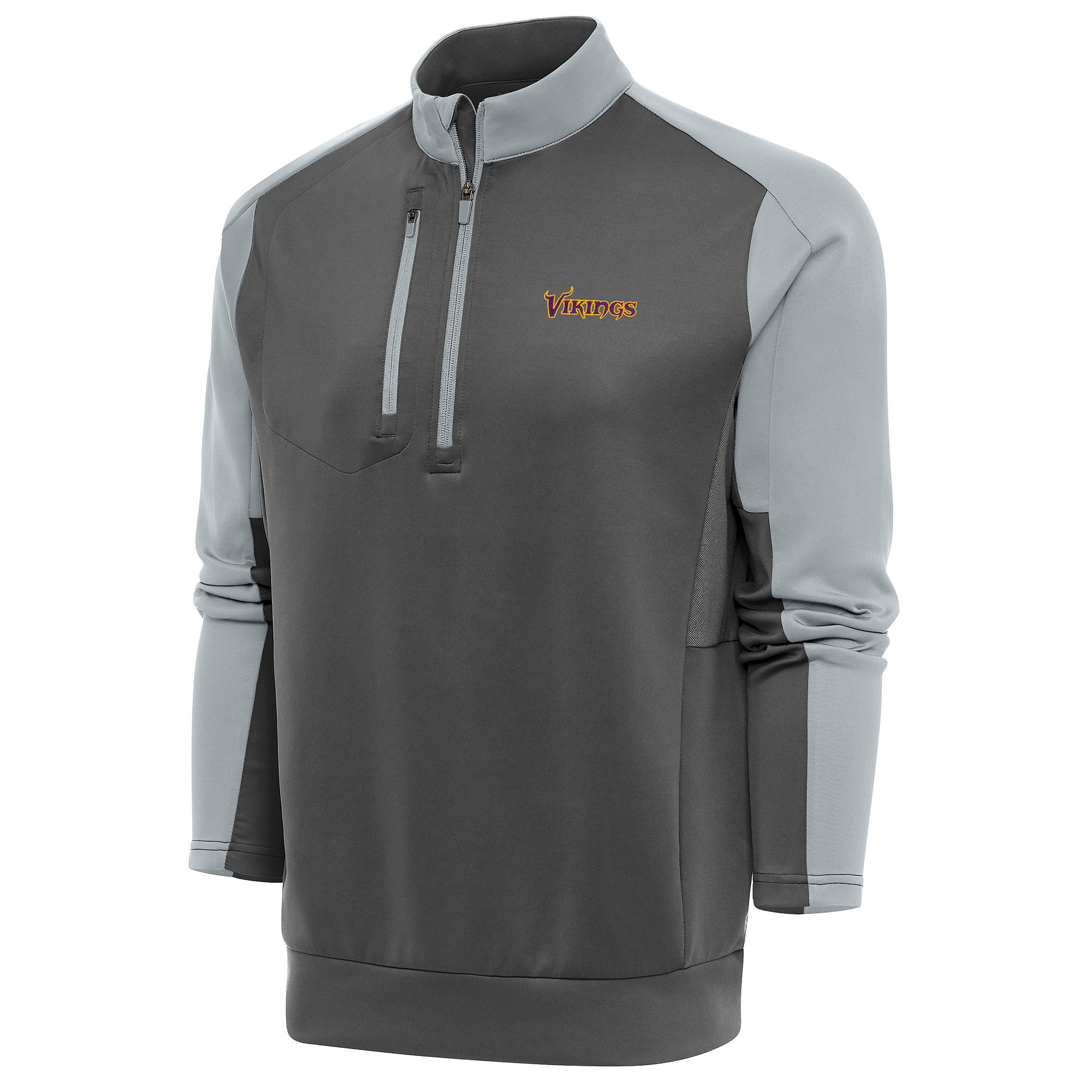 Men's Antigua Charcoal/Silver Minnesota Vikings Team Logo Throwback Team Quarter-Zip Pullover Top