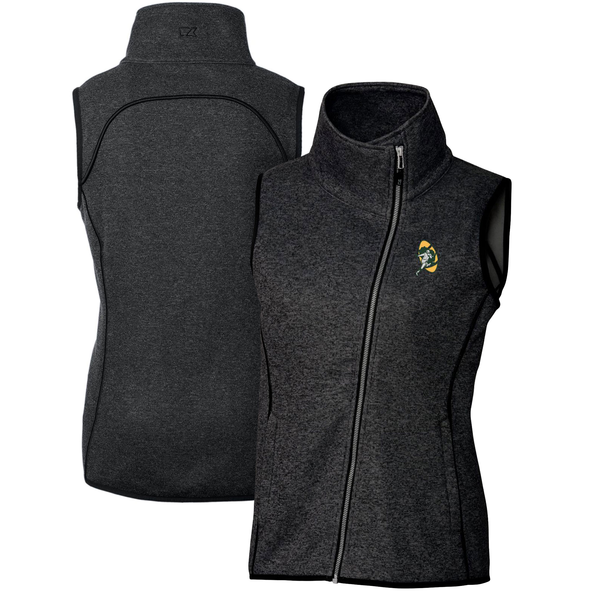 Women's Cutter & Buck Heather Charcoal Green Bay Packers Throwback Logo Mainsail Full-Zip Vest