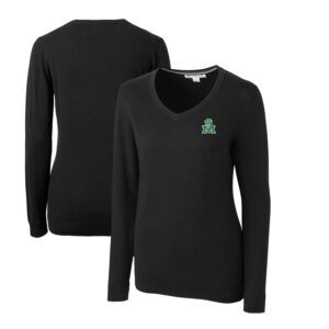 Women's Cutter & Buck Black Marshall Thundering Herd Lakemont Tri-Blend V-Neck Pullover Sweater