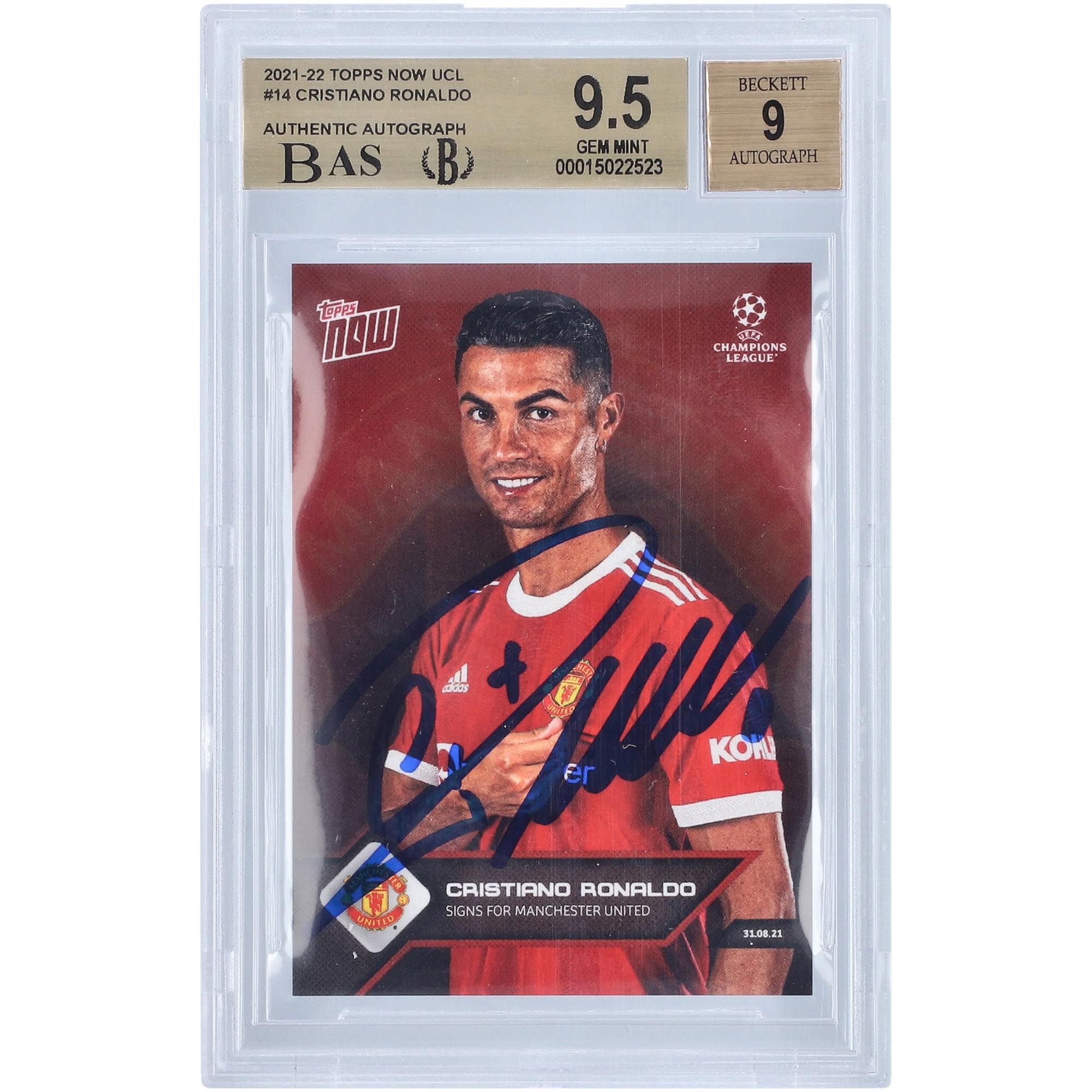 Cristiano Ronaldo Manchester United Autographed 2021-22 Topps Now UCL #14 BAS Authenticated 9.5/9 Card - 15022523