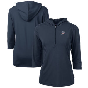 Women's Cutter & Buck Navy Miami Marlins Americana Logo DryTec Virtue Eco Pique Recycled Half-Zip Pullover Hoodie
