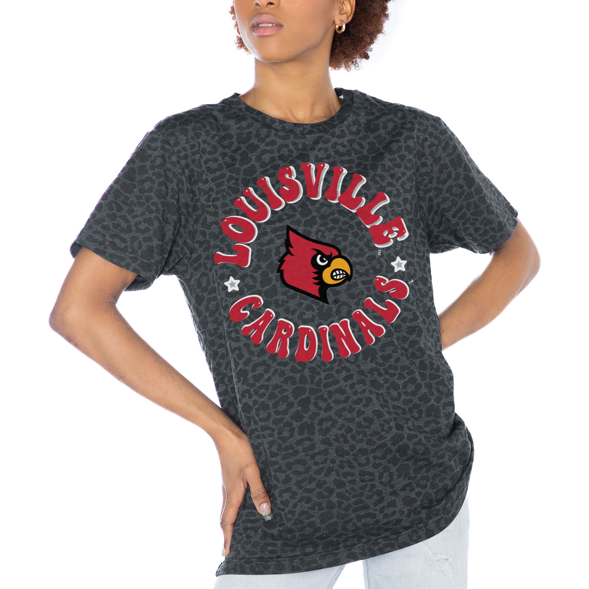 Women's Gameday Couture Charcoal Louisville Cardinals Victory Lap Leopard Standard Fit T-Shirt