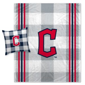 Pegasus Cleveland Guardians Gray Plaid Stripes Blanket and Pillow Combo Set