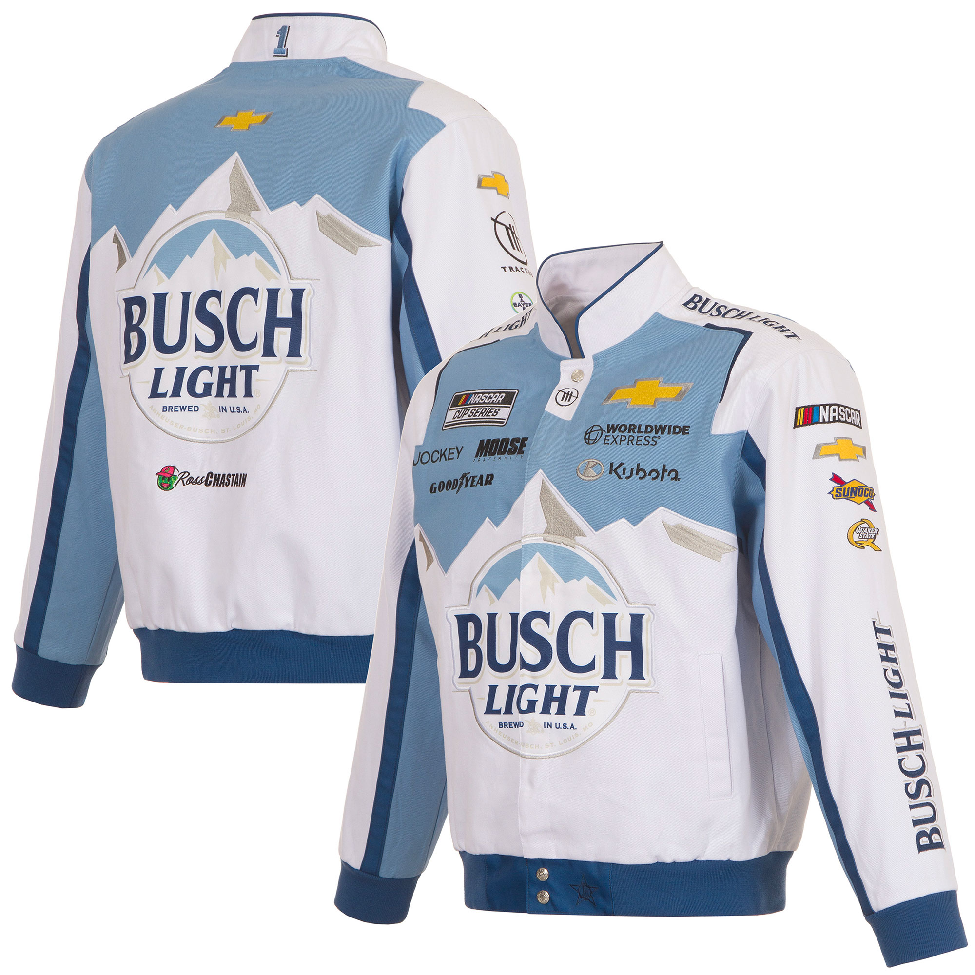 Men's JH Design White Ross Chastain Busch Light Twill Driver Uniform Full-Snap Jacket