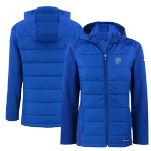Women's Cutter & Buck  Blue Los Angeles Rams Throwback Evoke Hybrid Eco Softshell Recycled Full-Zip Hoodie Jacket