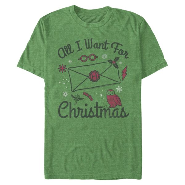Men's Mad Engine Hedwig Heather Kelly Green Harry Potter and the Deathly Hallows All I Want For Christmas Graphic T-Shirt