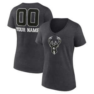 Women's Charcoal Milwaukee Bucks Personalized Name & Number Monochrome V-Neck T-Shirt