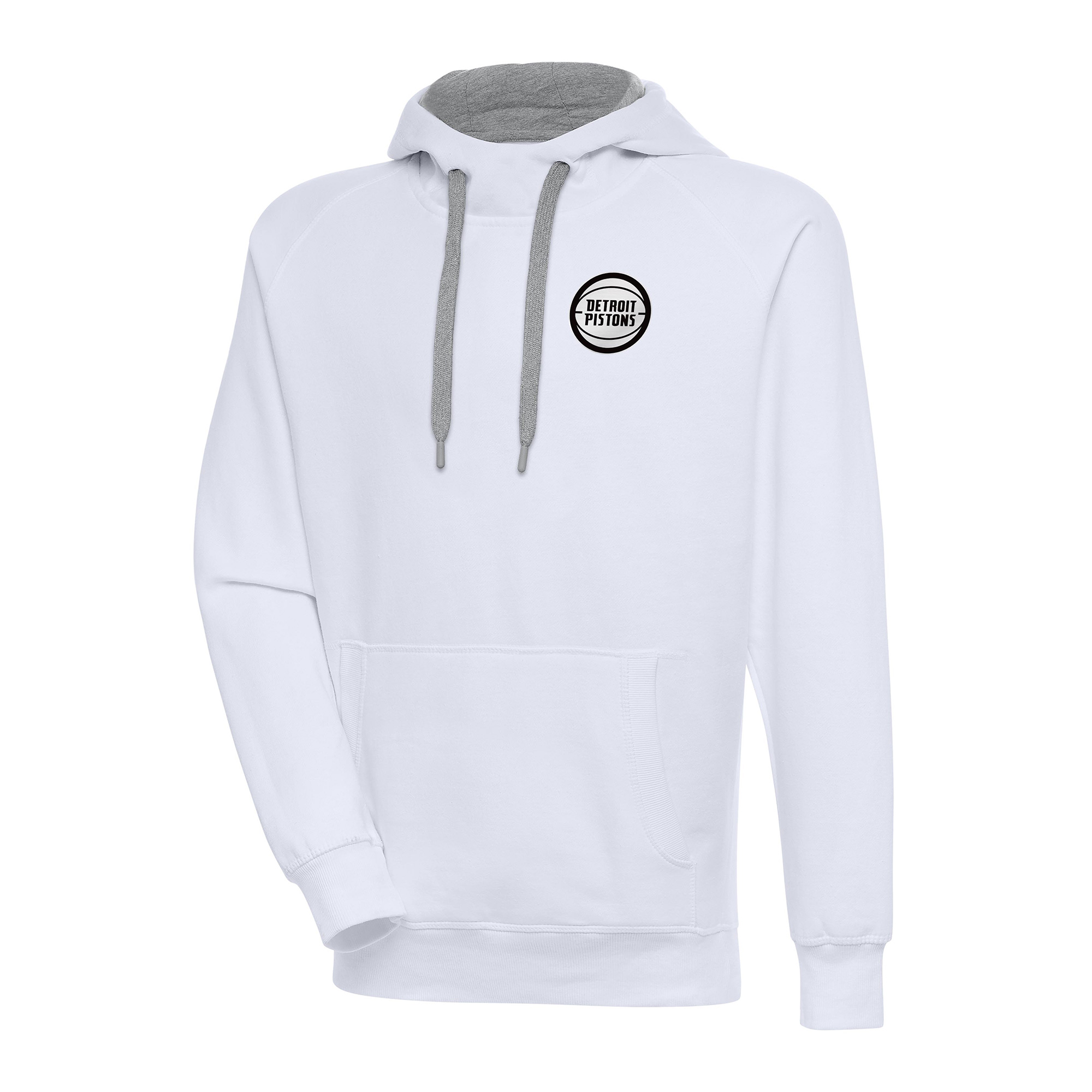 Men's Antigua White Detroit Pistons Metallic Logo Victory Pullover Hoodie
