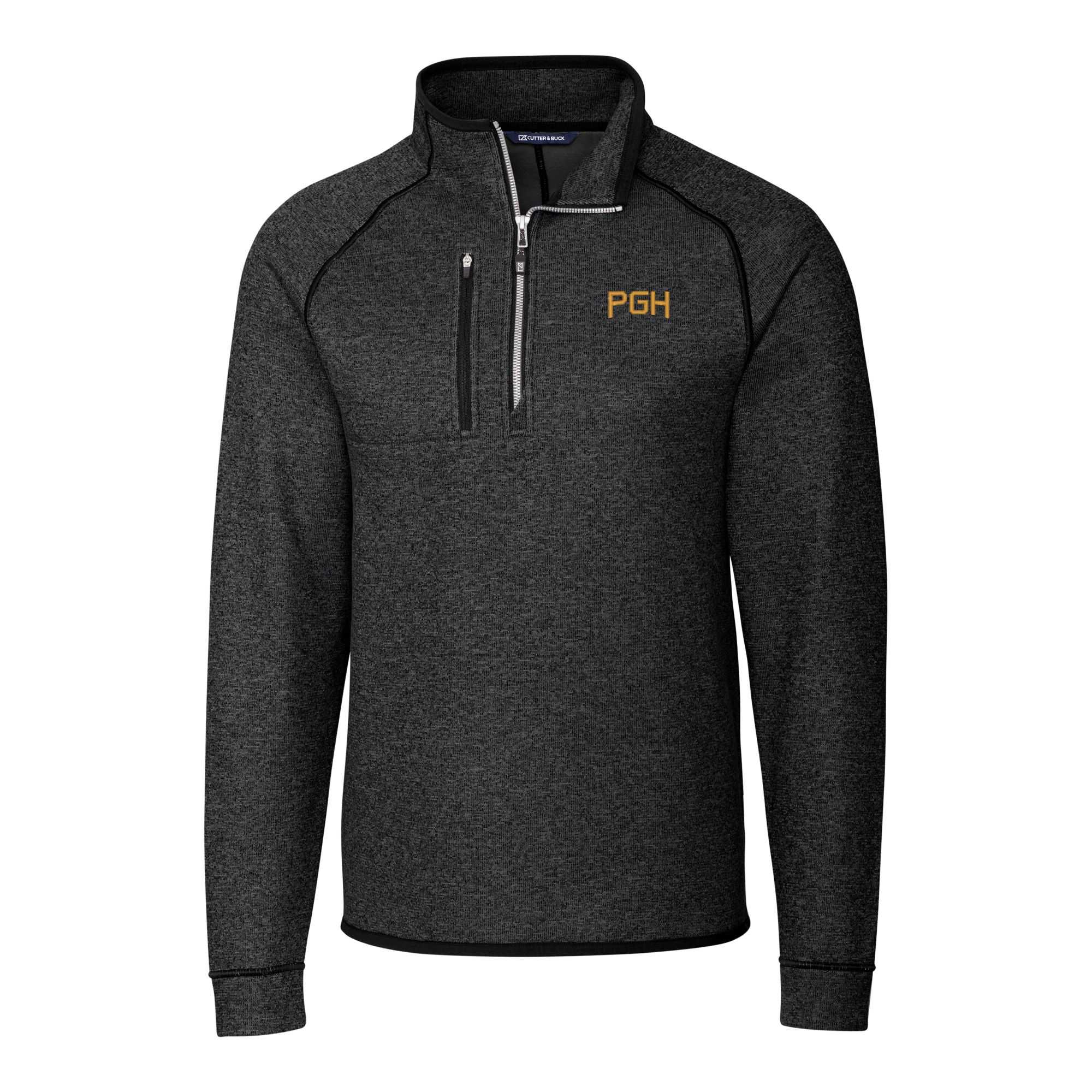 Men's Cutter & Buck Heather Charcoal Pittsburgh Pirates City Connect Mainsail Sweater-Knit Half-Zip Pullover Jacket - Image 6