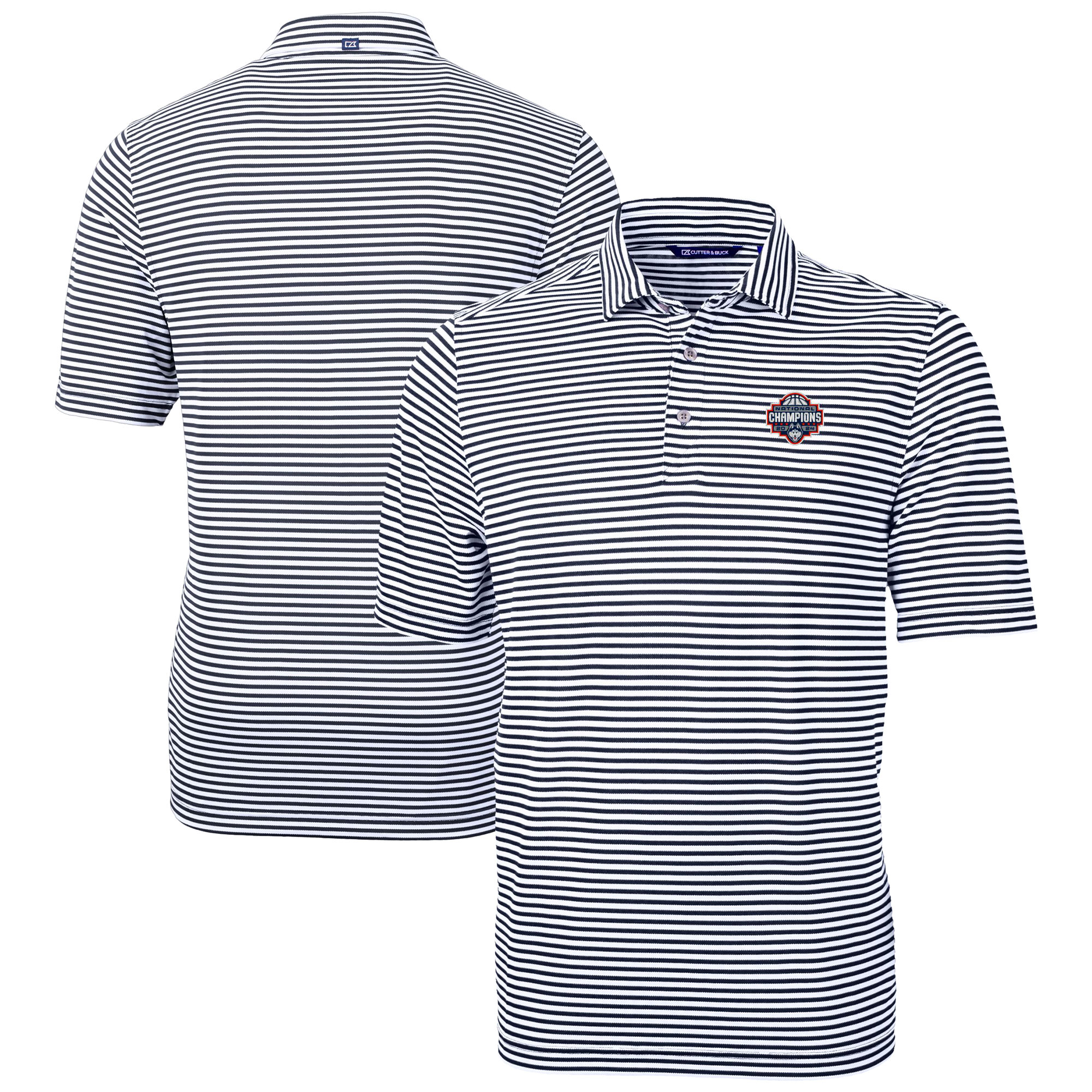 Men's Cutter & Buck Navy UConn Huskies 2024 NCAA Men's Basketball National Champions Virtue Eco Pique Stripe Recycled Polo