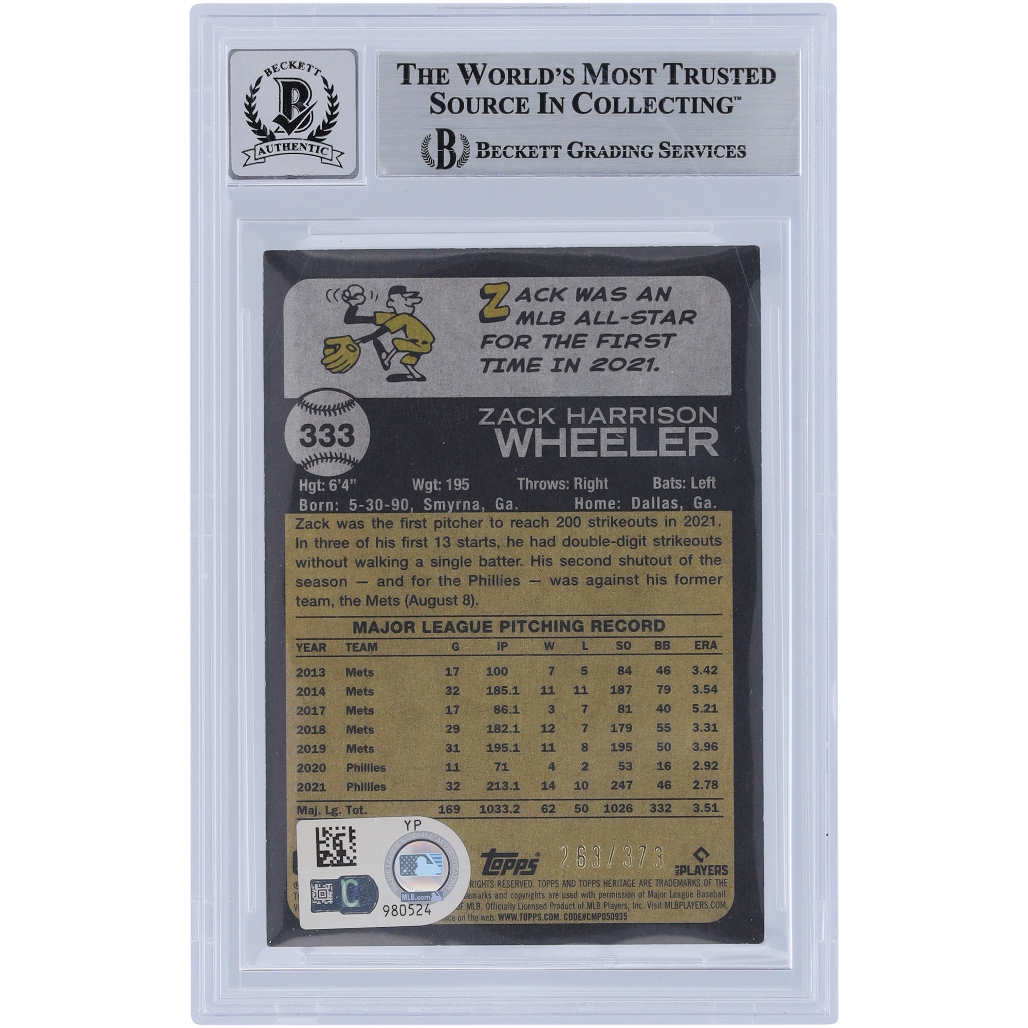 Zack Wheeler Philadelphia Phillies Autographed 2022 Topps Heritage Chrome Silver Refractors #333 #/673 Beckett Fanatics Witnessed Authenticated 10 Card - Image 3