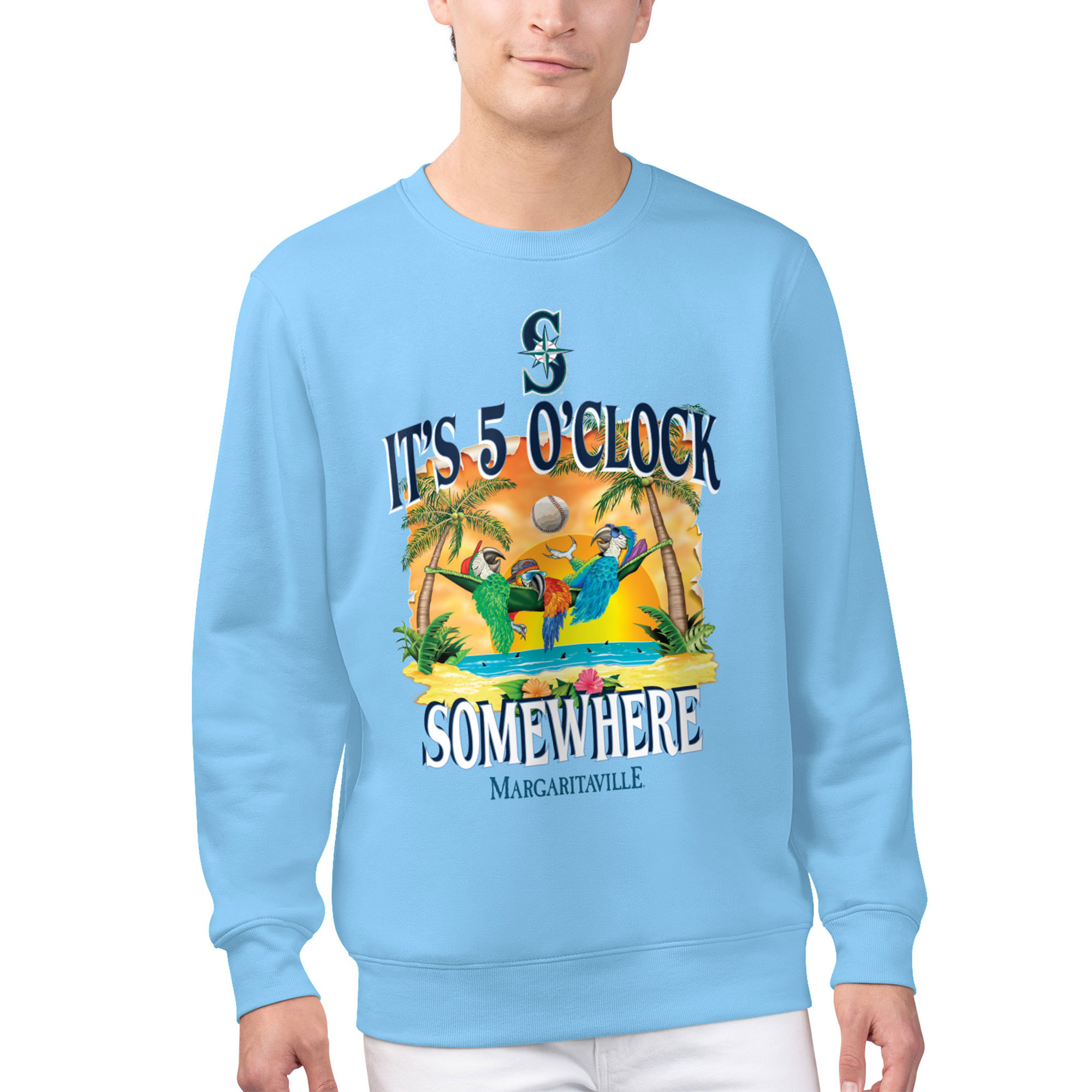 Men's Margaritaville Light Blue Seattle Mariners Five O'Clock Graphic Pullover Sweatshirt - Image 4