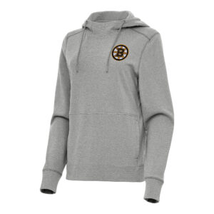 Women's Antigua Heather Gray Boston Bruins Justice Pullover Hoodie