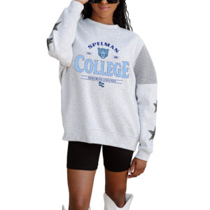 Women's Gameday Couture Ash Spelman College Jaguars Rhinestone Star Mesh Shoulder Fleece Pullover Sweatshirt