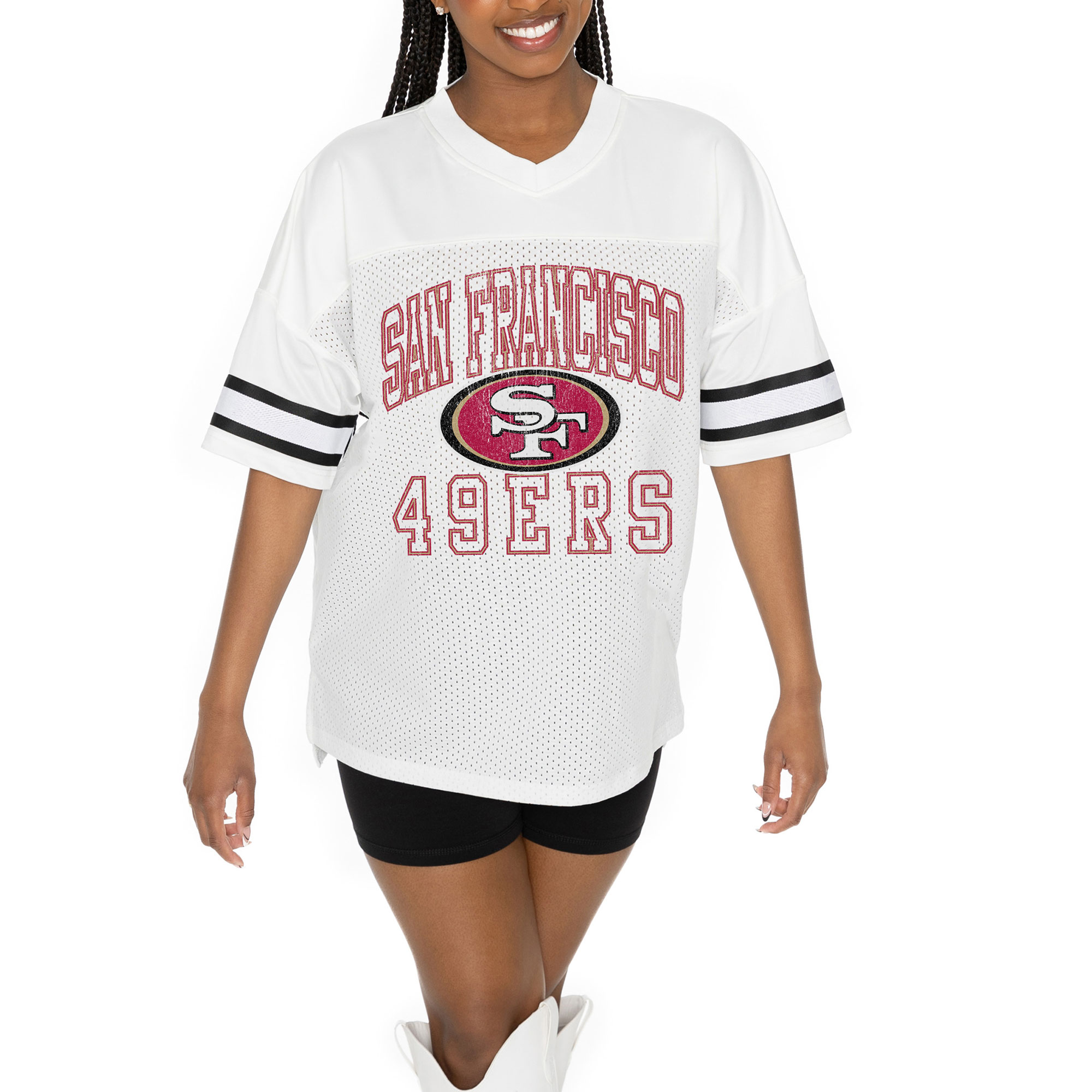 Women's Gameday Couture White San Francisco 49ers Oversized Sporty Mesh V-Neck Top