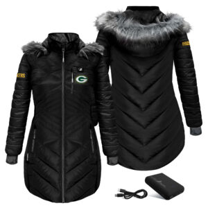 Women's ActionHeat Black Green Bay Packers 5V Battery Heated Long Puffer Full-Zip Hoodie Jacket