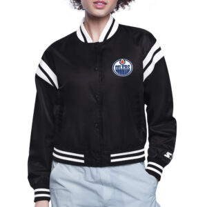 Women's Starter  Black Edmonton Oilers Printed Round Team Logo Satin Varsity Full-Snap Jacket