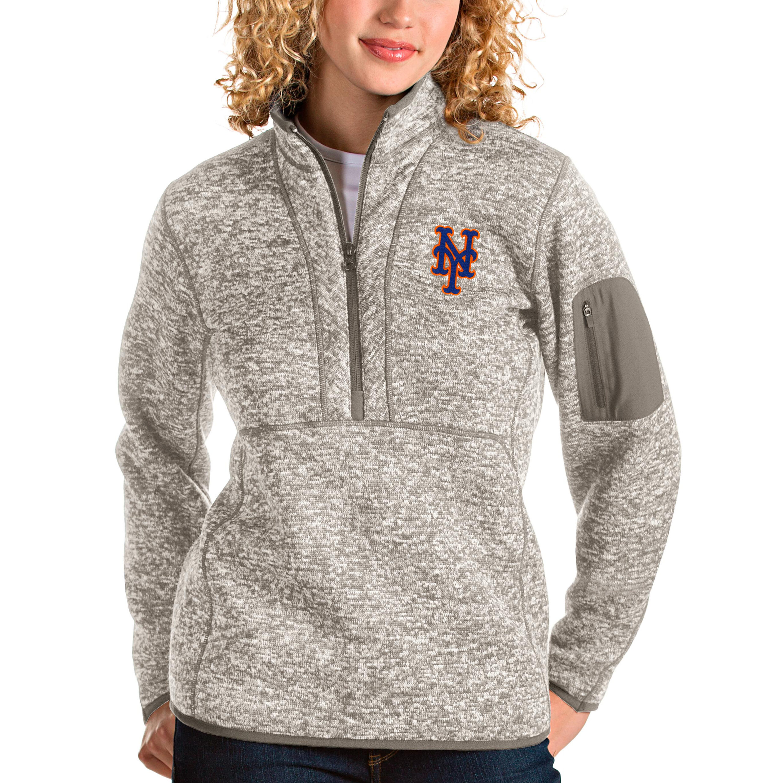 Women's Antigua Oatmeal New York Mets Fortune Quarter-Zip Pullover Jacket