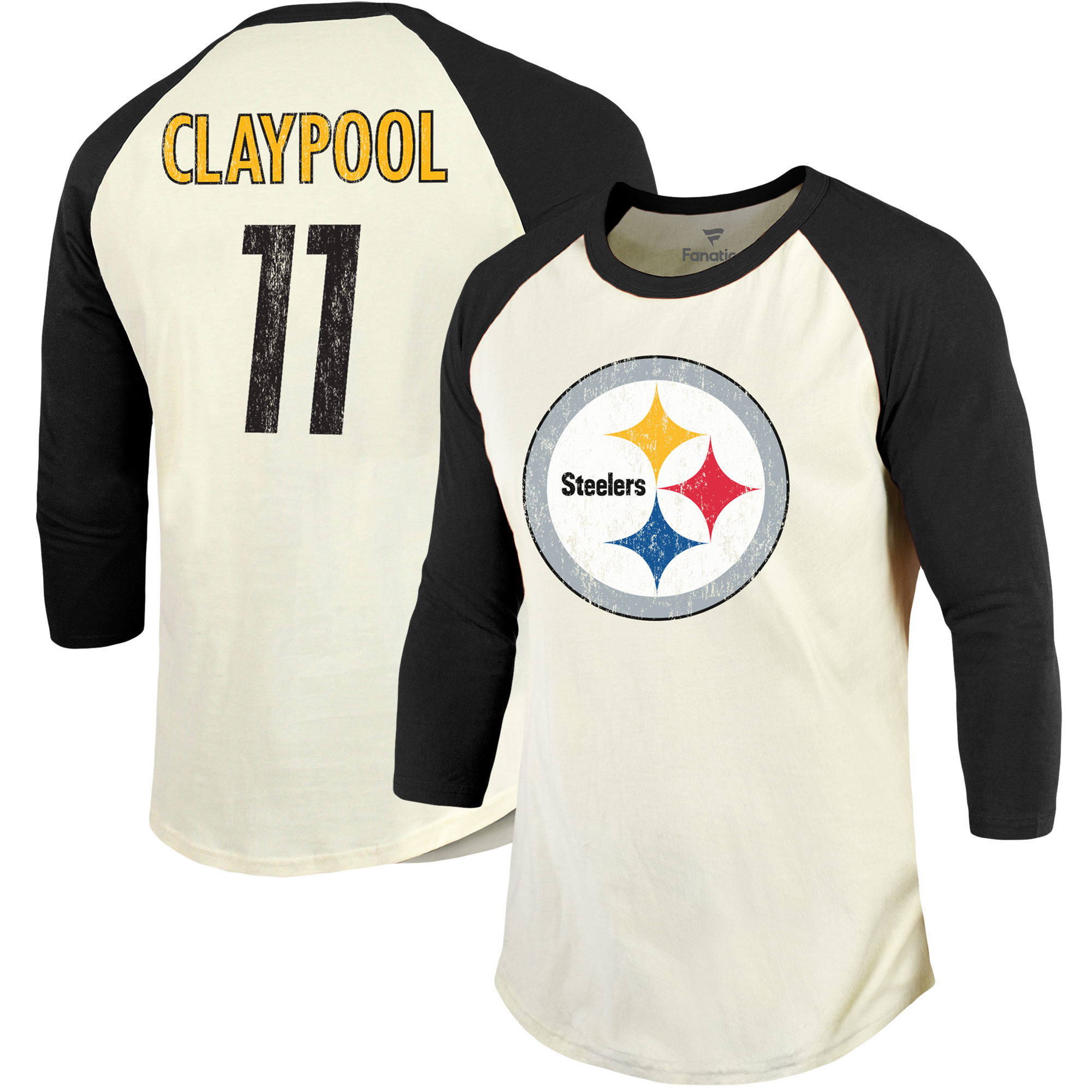 Men's Majestic Threads Chase Claypool Cream/Black Pittsburgh Steelers Vintage Player Name & Number Raglan 3/4-Sleeve T-Shirt